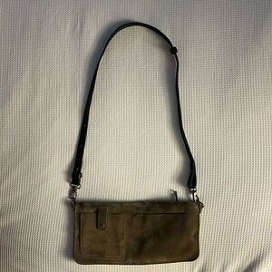 Urban outfitters small dark olive green suede purse/clutch with zip top.